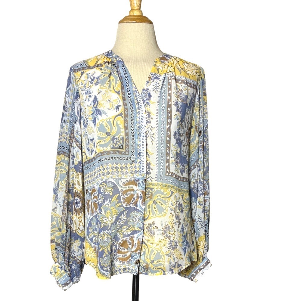 CHICO'S Size 0 US 4 Sheer Patchwork Print Polyester Button Up Long Sleeve Top
